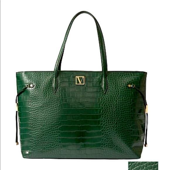 Victoria's Secret Handbags - Victoria’s Secret green emerald croc tote bag!